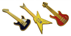 Novel Merk 3-Piece Electric Guitar Gold Flying V Red & Blue Stratocaster Lapel Pin or Hat Pin & Tie Tack Set with Clutch Back