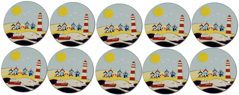 Novel Merk Seaside Village Vinyl Sticker Decals – 2 Inch Round Individual Cut - Waterproof (10 Pack)