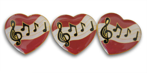 Novel Merk Musician Heart Treble Clef & Notes 3-Piece Lapel or Hat Pin & Tie Tack Set with Clutch Back