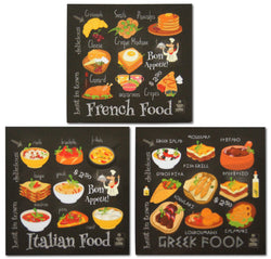 Novel Merk French, Italian, Greek Mediterranean Cuisine Refrigerator Vinyl Magnets 3 inch Square Magnet for Fridge, Lockers, Home Culinary Gift, Party Favor (3 Pack)